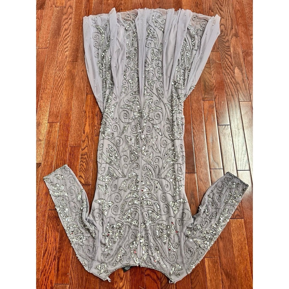 Pisarro Nights Mauve Grey Fully Embellished Beaded Quarter Sleeve Gown Dress 10p - Picture 9 of 12